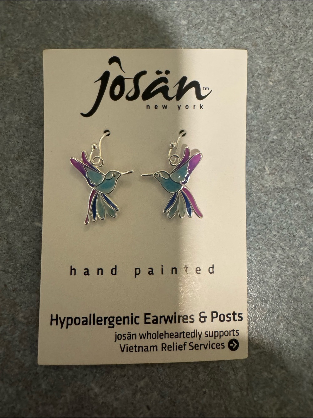 Josán Hand-Painted Hummingbird Earrings in Teal & Purple